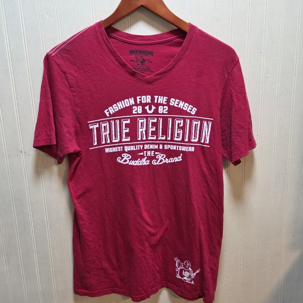 True Religion Shirt Mens XS Red V Neck Buddha Guitar Graphic Tee Tagless Music